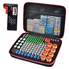 Battery Organizer Storage Holder Case Box with Tester Checker BT-168. Holds Red