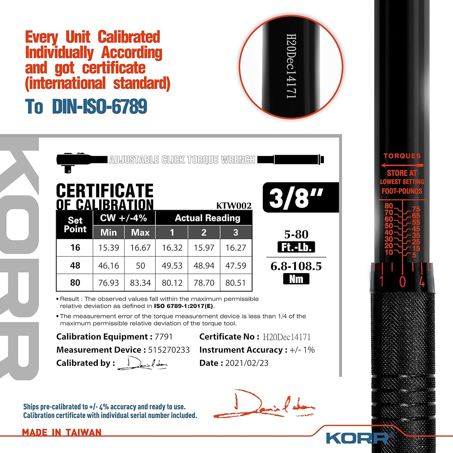 KORR Tools KTW002 3/8-Inch Drive Click Torque Wrench (5-80 Black,orange 