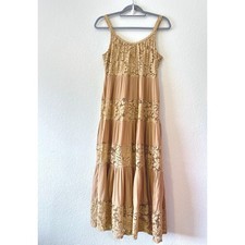 Boho Western Festival Hippie Maxi Lace Tan Tiered Sleeveless Dress SZ S