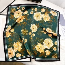 100 Silk Scarf Women Vintage Green Flower Kerchief Small Square Bandana 53 53cm