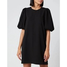 Ganni Heavy Crepe Mini Dress Black Size 32 US 0 Puff Sleeve Zip Front Whimsy