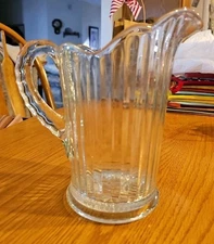 Vintage Clear Ribbed Pitcher Scalloped Edges 8" Tall
