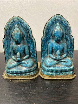Ming Dynasty Pair Buddha Pottery Figure Statue Turqouise Glaze Bookends