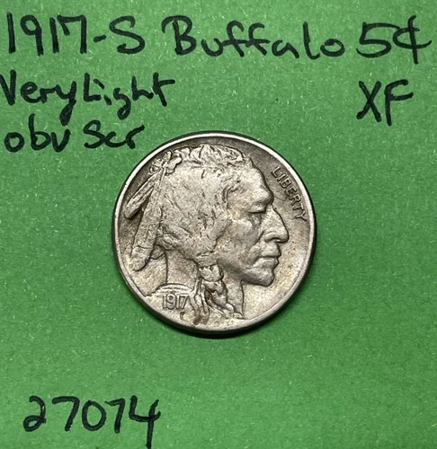 1917-S Buffalo 🦬 Indian Head Nickel 5c Xf Extra Fine Very Light Obv Scr