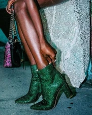 New Emerald Green Rhinestone Crystal Ankle Boots Booties Block Heel Pointed Toe