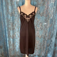 Vintage Texsheen Black Nylon & Scalloped Lace Full Slip Dress Size 36 Bust Med
