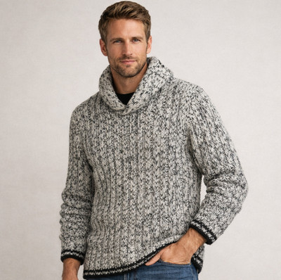 Grant Thomas Ragg Wool Sweater Mens Sz M VTG Black Chunky Shawl Collar Pullover