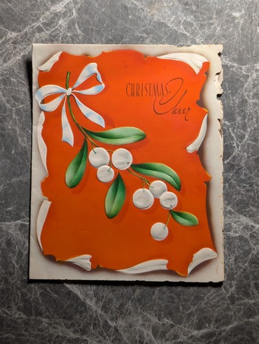 Christmas Card Vintage Mistletoe Die-Cut Orange Background Ribbon Bow 1940s
