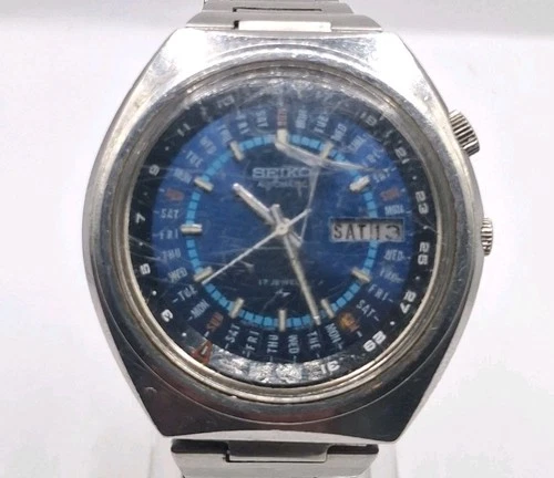 Vintage Seiko 7006-6039 World Timer Steel Blue Dial Automatic Men's Watch