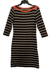 Lauren Ralph Lauren A-Line Dress Womens S/P Brown Striped 3/4 Sleeve Boat Neck
