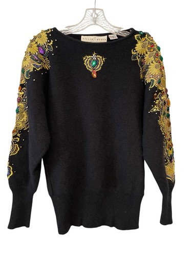 Vintage Lillie Rubin S Womens Bejeweled Black LS Sweater Lambswool Angora HK - Picture 7 of 13