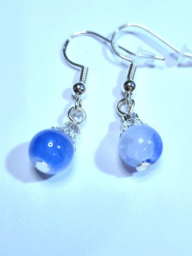925 Silver Baking Painted Teardrop Two Tone Light Blue Glass Earrings (#192) - Picture 1 of 4