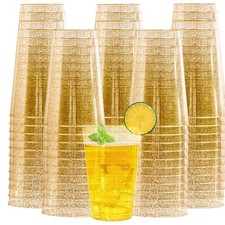 100 Pack 20 oz Gold Plastic Cups, Gold Glitter Cups Disposable Plastic Wine G...