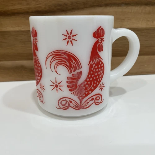 Hazel Atlas Red Rooster Platonite Milk Glass Chicken Mug Coffee Cup Vintage 50s