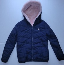 Abercrombie Girls Puffer Jacket, Navy Blue, Faux Fur Pink Lining, Hooded, 13/14