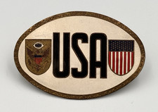 Vtg Brass Oval Auto Grille Badge Usa Eagle Flag Enamel Made In Spain Car Emblem