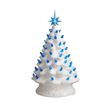 15" White Ceramic Christmas Tree, Hand-Painted Decor with Pink and Blue Lights
