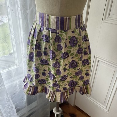 Vintage Apron Purple Roses Green Leaves Pleated Stripes Grandmacore Cottagecore