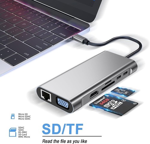 12in1 USB-C HUB Docking Station Adapter Display 4K-HDMI USB 3.0 RJ45 Port Lan SD - Afbeelding 7 van 7
