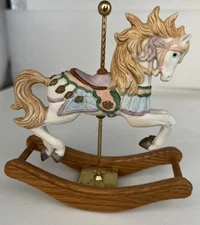 1990's Lefton Carousel Rocking Horse Painted Porcelain W/ Wood Base