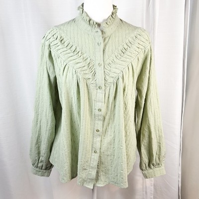 SUNDANCE Fresh Breezes Peasant Blouse Top Mint Green Button Down Cottage Medium