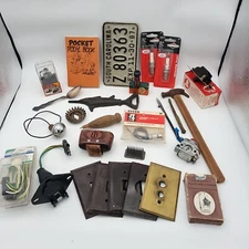 Junk Drawer Trinket Miscellaneous Lot Tools Advertising Leather Iron Automotive