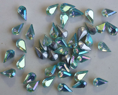 36 Vintage Glass Rhinestone Pear Aquamarine AB TTC Foiled Germany 10x6mm F6-5
