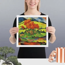"Harmonious Horizons: Post-Impressionist Landscape with Hills and Trees"