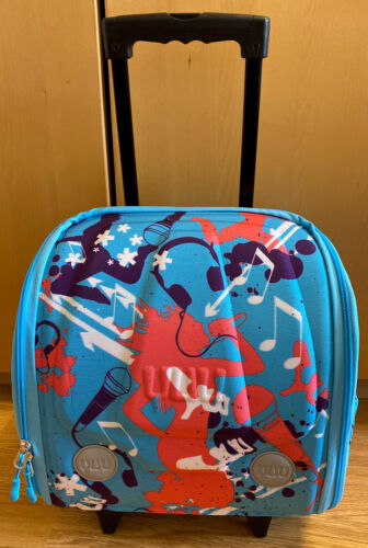 KIDS TRAVEL SUITCASE ON WHEELS BLUE MUSIC HAND LUGGAGE BAG CABIN PULL ALONG - Afbeelding 1 van 11