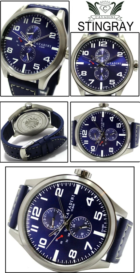 Cavadini Herrenuhr Fliegeruhr Kalender Edelstahl marine Azurblau CV-1003 50mm - Bild 2 von 2