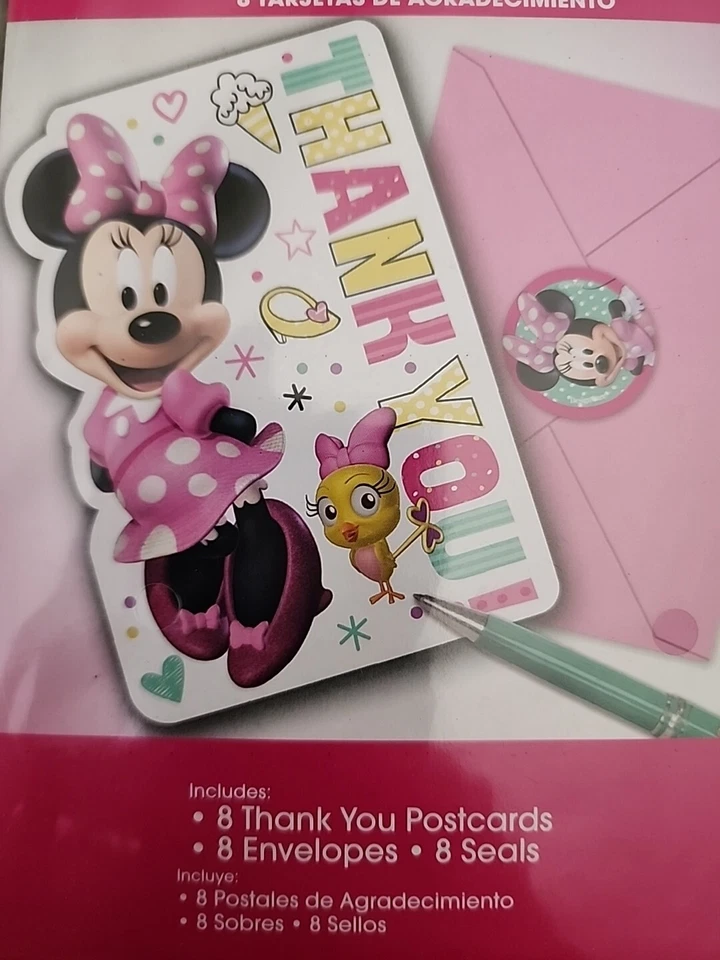 Juego de 8 tarjetas de agradecimiento de Disney Minnie Mouse con sobres y sellos rosas Foto 2 de 4