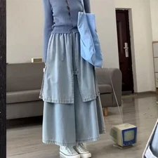 Women retro denim high-waisted A-line skirt Street style culottes