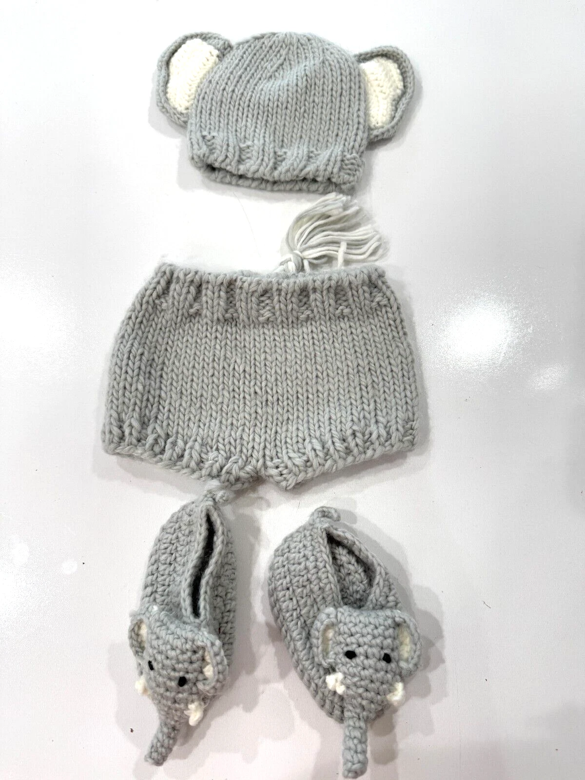 Baby 3-6 Months Crocheted Knit Elephant Booties, Hat, Diaper Cover Shorts w/tail
