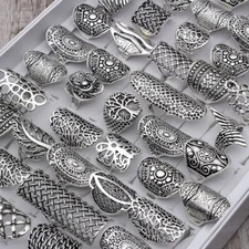 50pcs Vintage Carved Retro Sterling Silver Plated Jewelry Party gift Women Rings