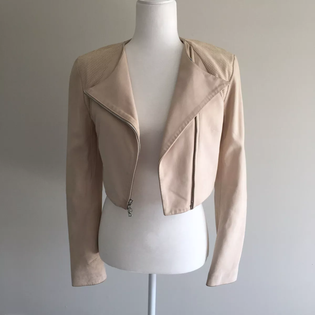 Adeam Cropped Soft Leather Zip Up Jacket Perforated Detail Cream