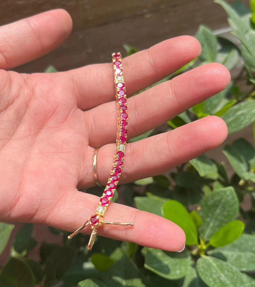 10Ct Round Natural Red Ruby Diamond Women's Tennis Bracelet 14K Yellow Gold 7.5" - Image 2 of 4