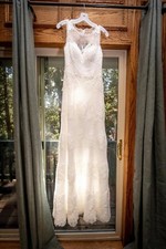 Davids Bridal, illusion sweetheart open back lace white wedding dress w/ jacket