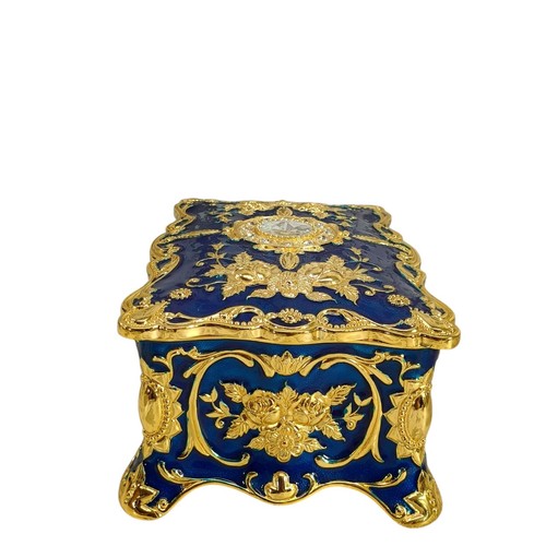Elegante Metall Schatztruhe Blau & Gold Schmuck Schmuckschatulle mit Samtfutter - Bild 10 von 12