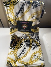 Ed Hardy Throw Blanket Tiger Animal Print Black White Gold Chain NWT