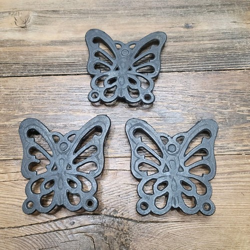 Vintage Lot Of 3 MCM Cast Iron Butterfly Trivets Footed Taiwan 3.5"