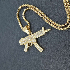 UZI9 Gun iced Cz Pendant gold Plated stainless steel Men's Necklace Hip Hop