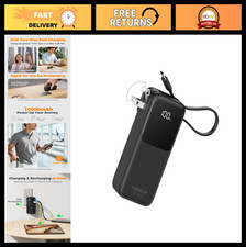 10000mAh Portable Power Bank with 30W USB-C, Built-in Cable  Wall Plug - Travel