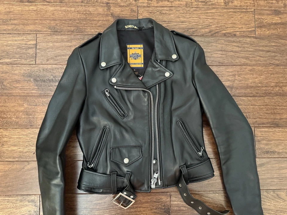 Chaqueta de cuero Schott para mujer estilo motocicleta 7197 / 218W - pequeña para mujer - Imagen 2 de 4