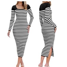 MEROKEETY Bodycon Midi Dress Women Small Green White Striped Sweater Dress