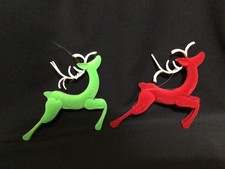 Vintage Lot Of 2 Flocked Red And Green Reindeer Christmas Ornaments