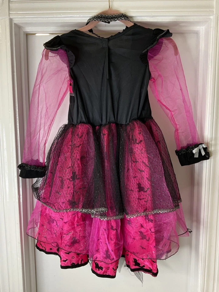 Disfraz de bruja rosa y negro rubíes niñas mediano con gargantilla vestido de Halloween transparente Foto 2 de 4