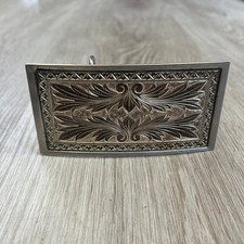 Vintage Western Cowboy Belt Buckle Nickel Plated Copper Rectangular Engraved