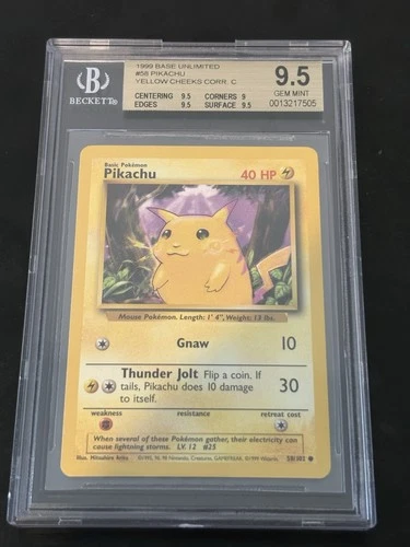 1999 Pokemon Base Pikachu Yellow Cheeks Corr. BGS 9.5 #58