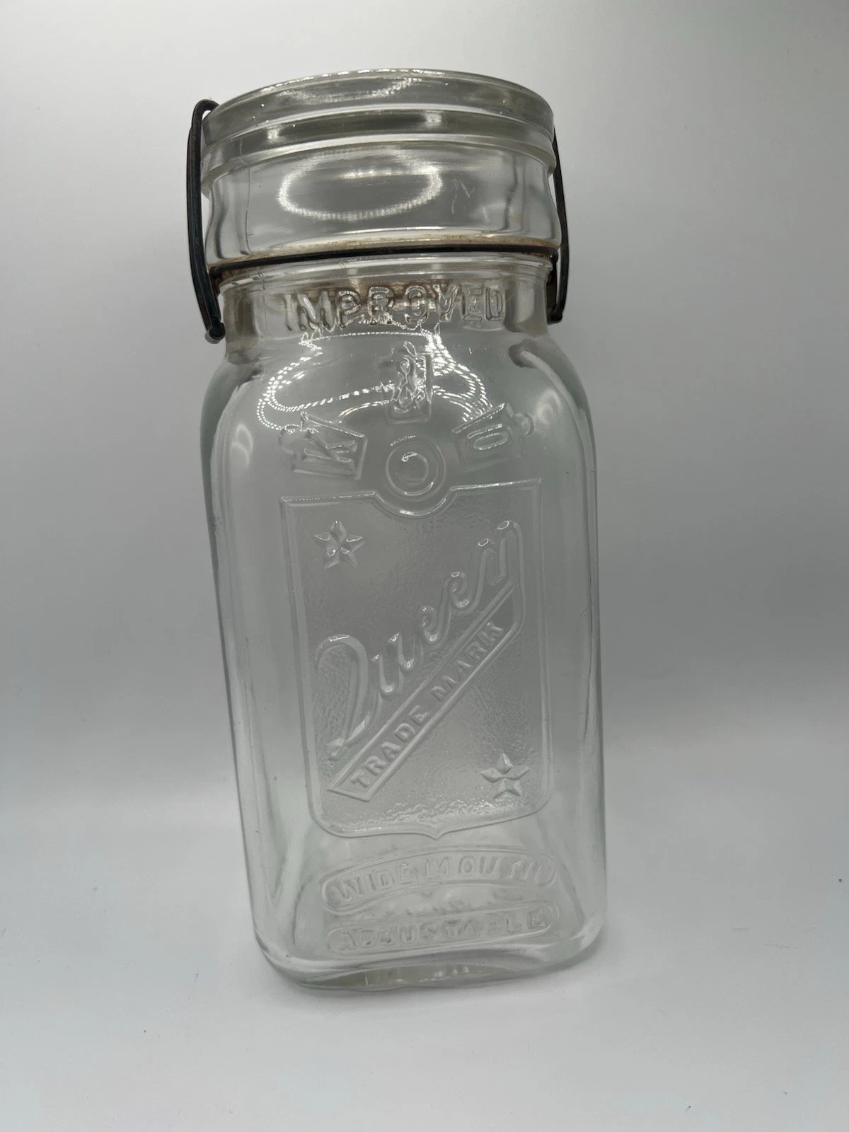 Antique 1921 Queen Improved Mason Jar Wide Mouth Adjustable Glass Lid Wire Bail