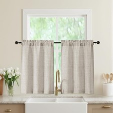 Linen Kitchen Curtains 36 Inch Length 2 Panels, Light Filtering Farmhouse Faux